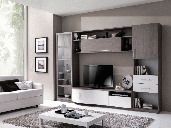 Wall unit grey wave white modern esf contemporary units entertainment wood room tv finish living wash chrome oak gray glass